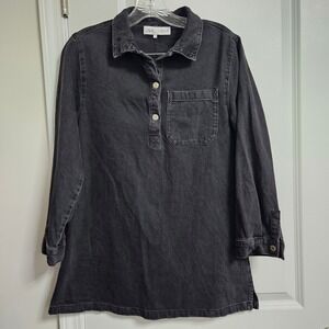 Zara Dress Girls 11-12‎ Black Denim Tunic Button Front Long Sleeve Washed Pocket